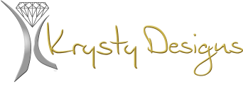 The Krysty Designs Logo is a stylized set of silver prongs with a diamond centered above without touching.  Text starting in the arch of the right prong: : Krysty Designs and below: Your Lifelong Jeweler